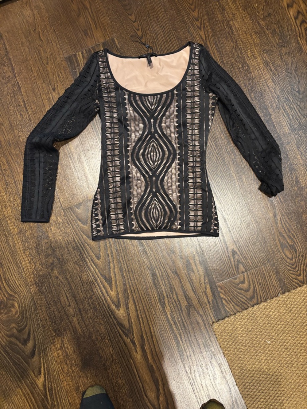 BCBGMaxAzria Black Lace-Overlay Scoop Neck Top with Nude Lining